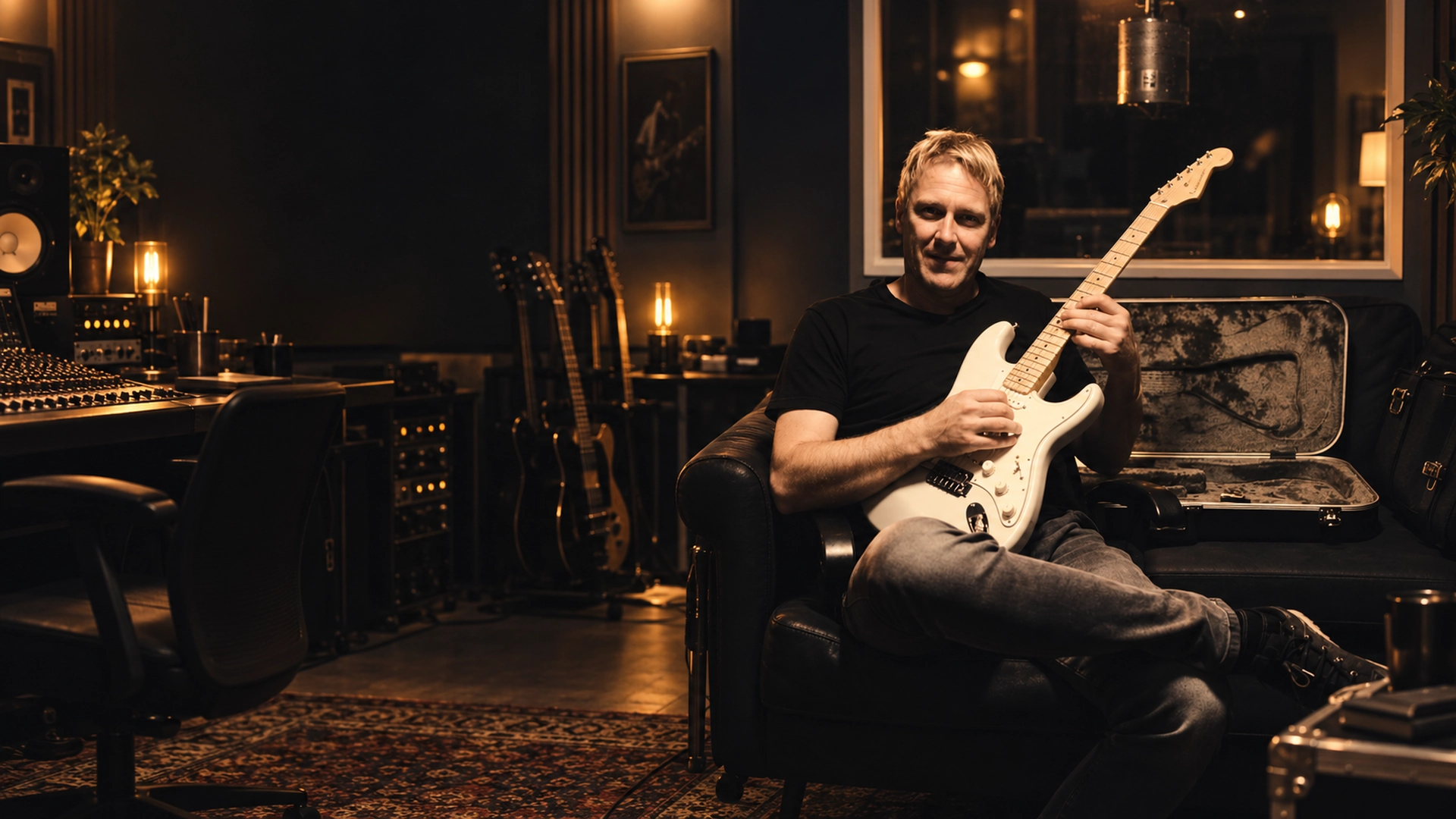 Sven Blumer with electric guitar in a professional recording studio