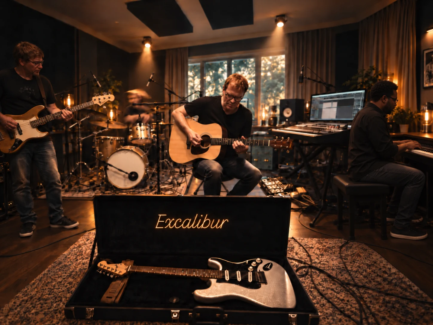 Sven Blumer playing guitar with musicians in a warm recording room
