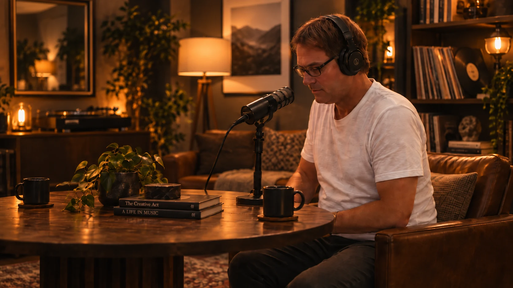 Sven Blumer at an interview desk with headphones and microphone