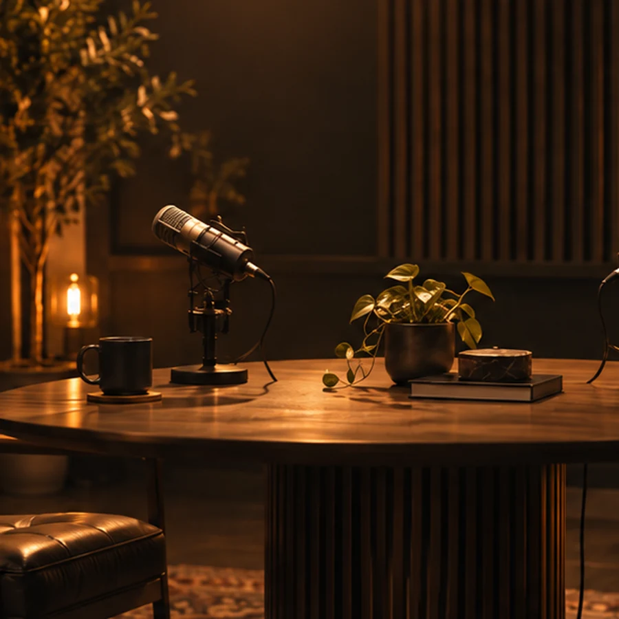 Retro modern podcast microphone in a warm studio