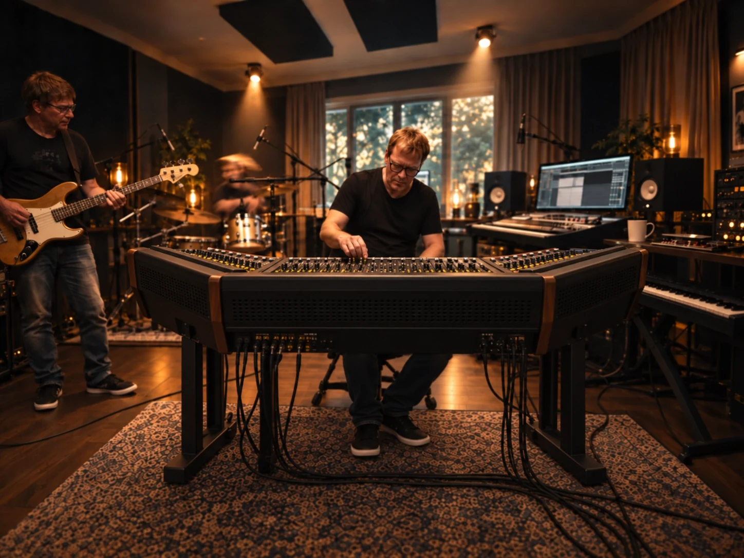 Sven Blumer working at a large recording console with musicians in the studio