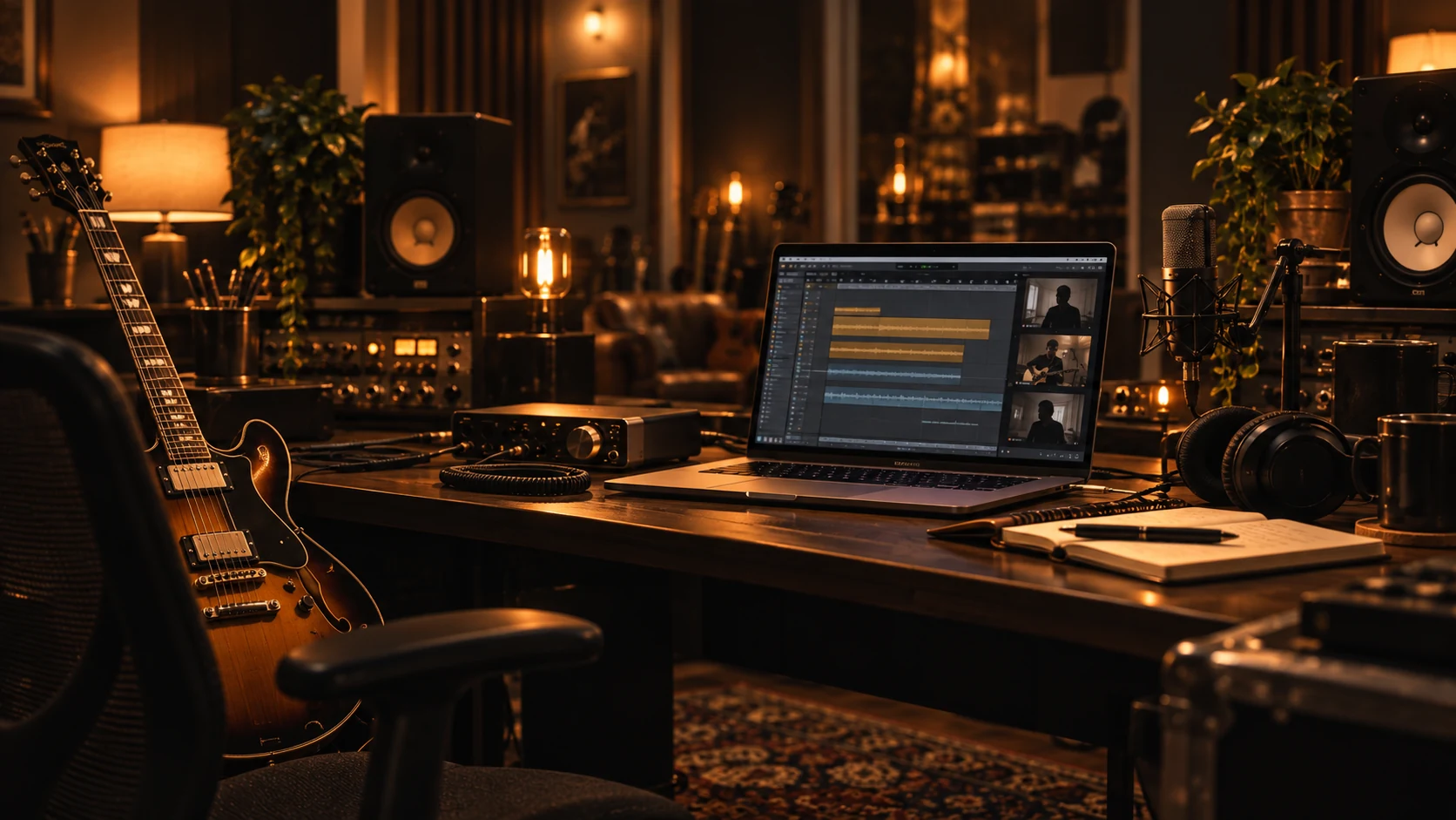 Professional remote recording workflow with guitar, laptop, audio interface and microphone