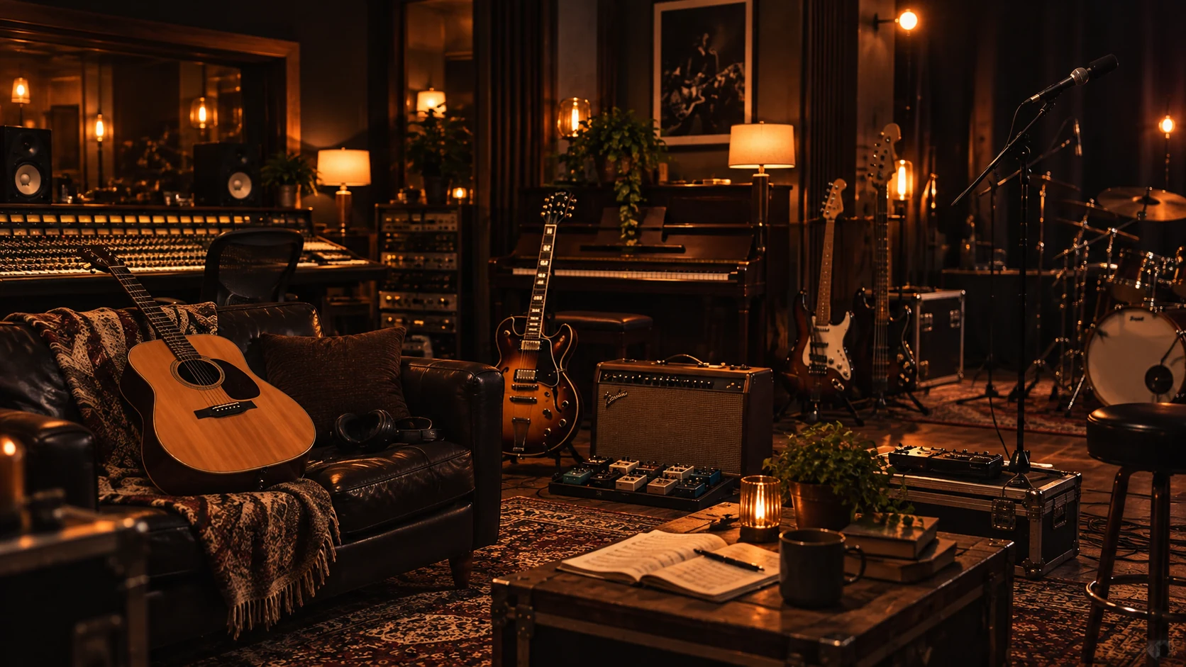 Warm recording studio with acoustic and electric instruments, pedals and production equipment