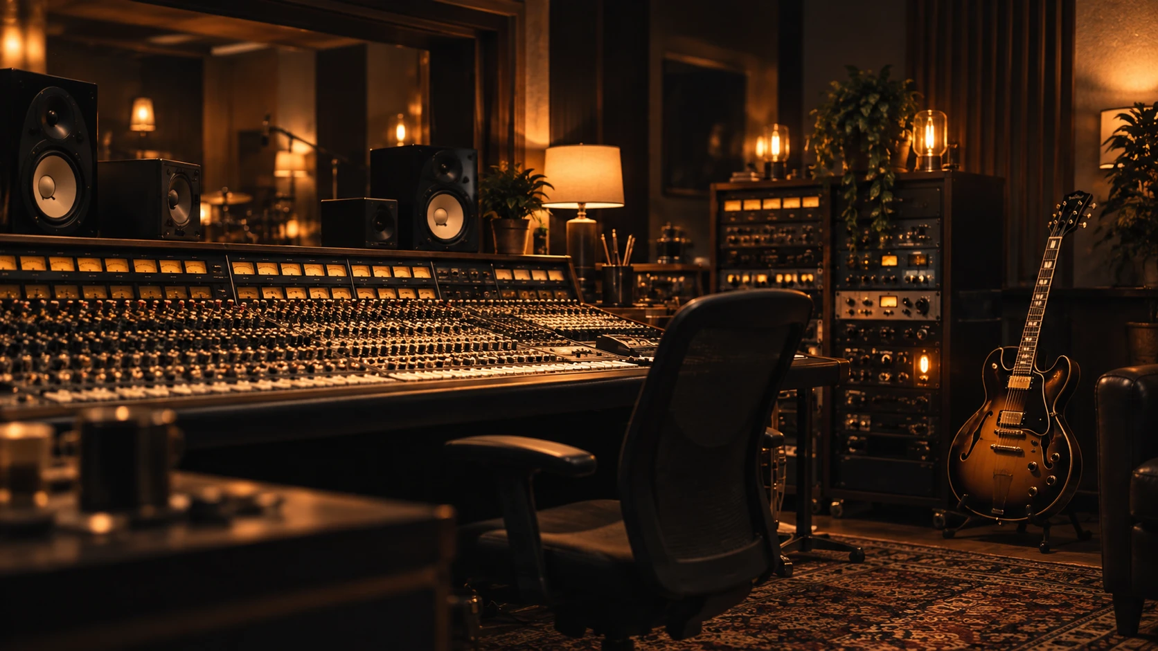 Warm recording studio interior with a mixing console and a calmer one-guitar setup