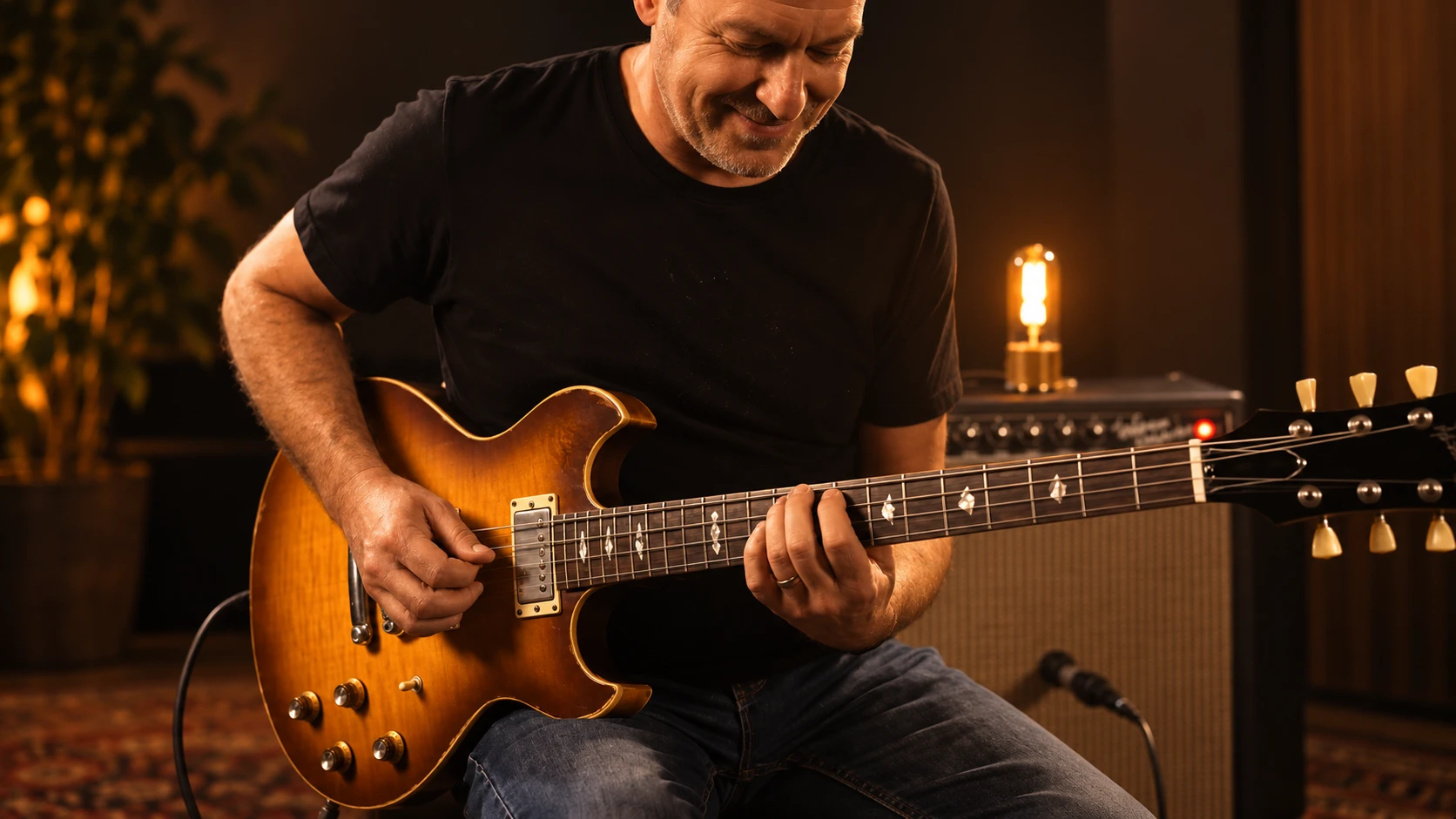 Sven Blumer playing electric guitar in a warm studio session