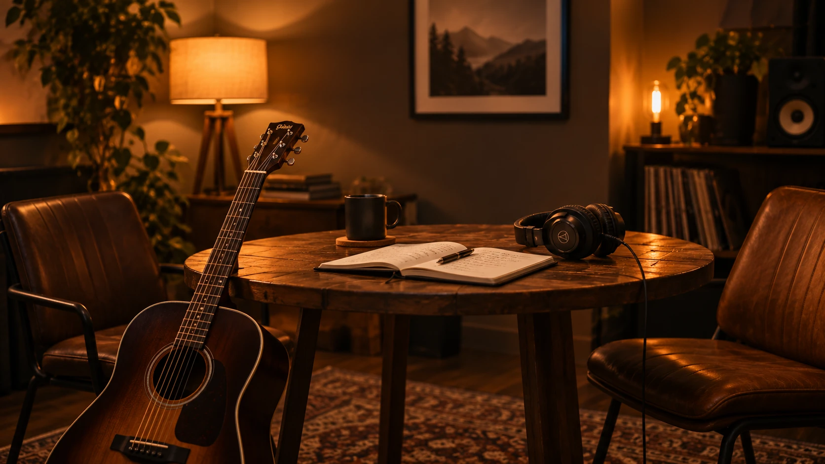 Acoustic guitar, notebook and headphones on a warm songwriting table